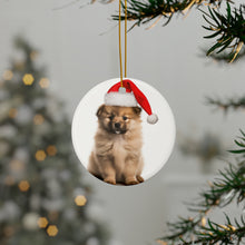 DistinctInk Hanging Ceramic Christmas Tree Ornament with Gold String - Great Gift/Present - 2 3/4 inch Diameter - Keeshonden Puppy Design