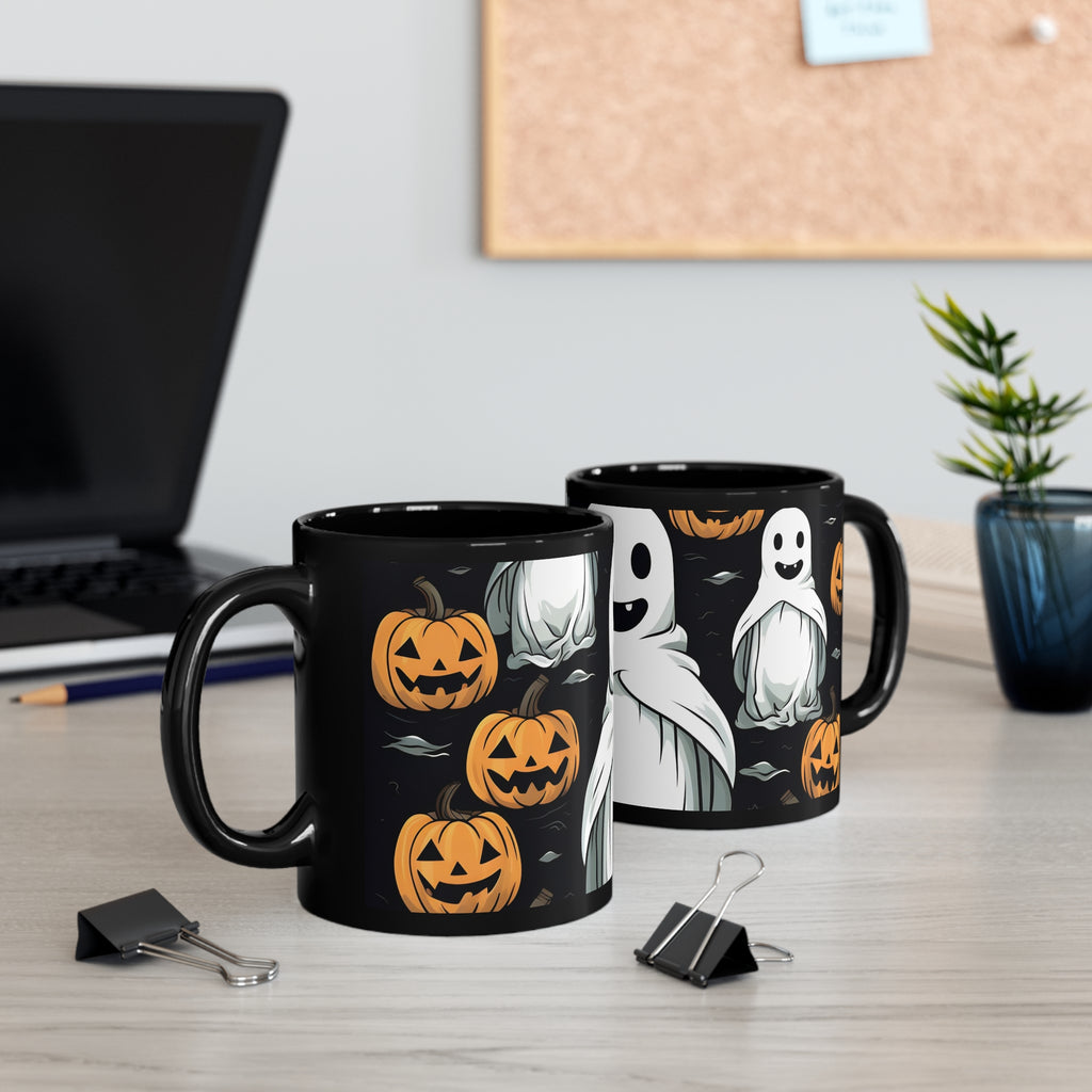 Black Coffee Mug - Skelepumpkin Ghostpattern for Halloween, view 5