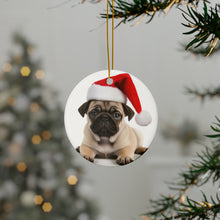 DistinctInk Hanging Ceramic Christmas Tree Ornament with Gold String - Great Gift/Present - 2 3/4 inch Diameter - Pug Puppy Design