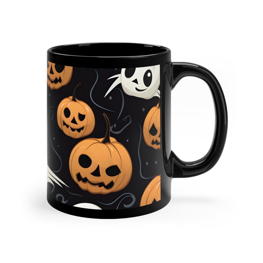 Black Coffee Mug - Ghost Skeleton Pumpkin Pattern for Halloween, view 3