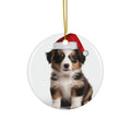 Hanging Ceramic Christmas Tree Ornament with Gold String - Miniature American Shepherd Puppy Design