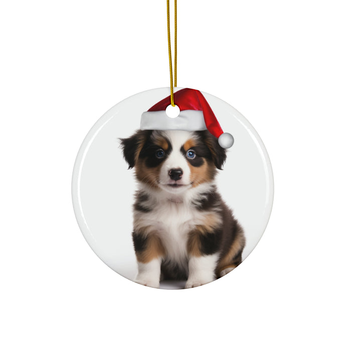 DistinctInk Hanging Ceramic Christmas Tree Ornament with Gold String - Great Gift/Present - 2 3/4 inch Diameter - Miniature American Shepherd Puppy Design