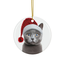 DistinctInk Hanging Ceramic Christmas Tree Ornament with Gold String - Great Gift/Present - 2 3/4 inch Diameter - Russian Blue Cat Design