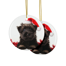 DistinctInk Hanging Ceramic Christmas Tree Ornament with Gold String - Great Gift/Present - 2 3/4 inch Diameter - Skye Terrier Puppy Design