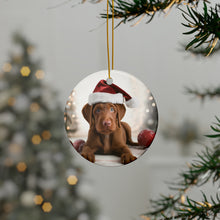 DistinctInk Hanging Ceramic Christmas Tree Ornament with Gold String - Great Gift/Present - 2 3/4 inch Diameter - Wirehaired Vizsla Puppy Design