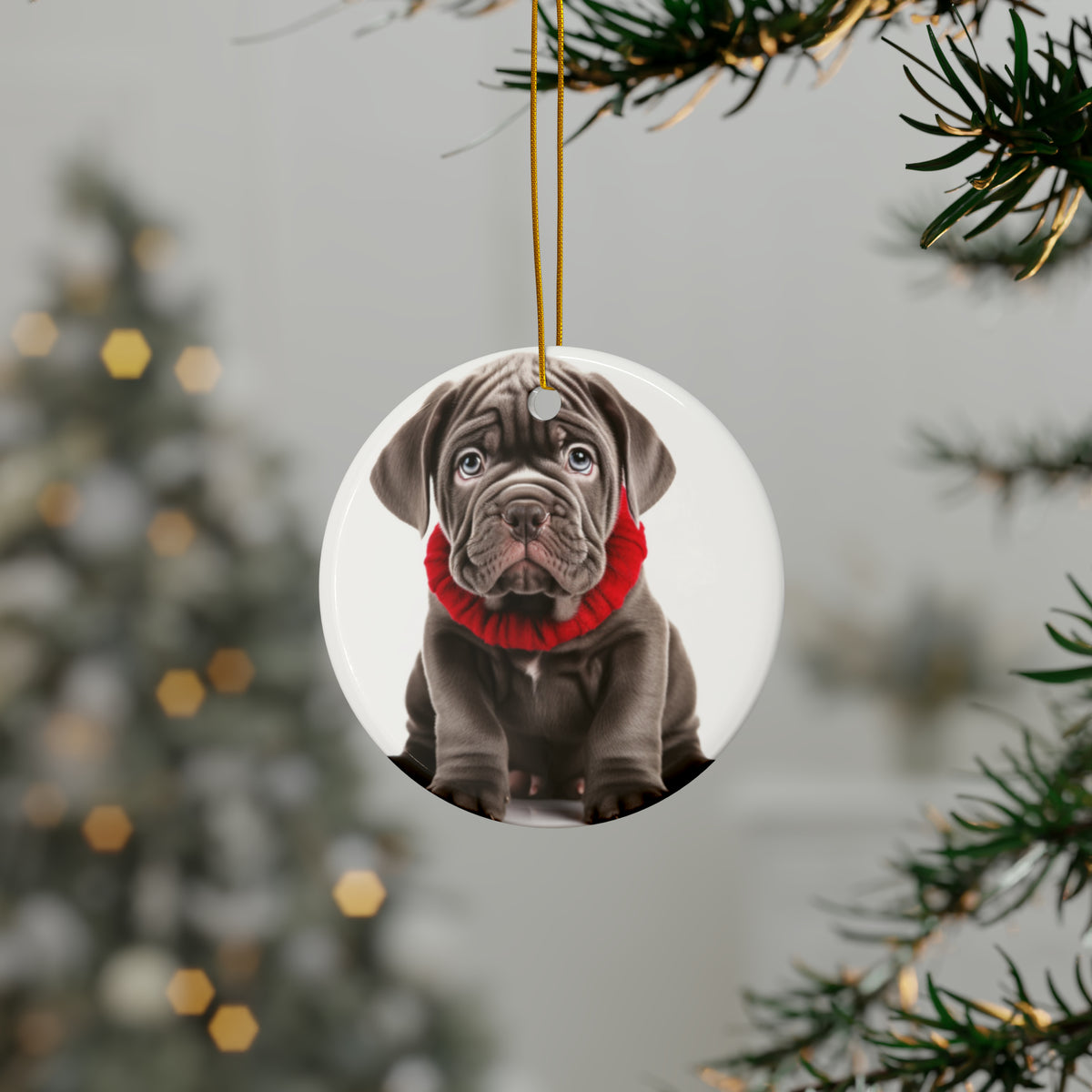 Hanging Ceramic Christmas Tree Ornament with Gold String - Neapolitan Mastiff Puppy Design, view 3