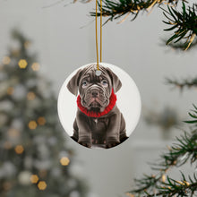 DistinctInk Hanging Ceramic Christmas Tree Ornament with Gold String - Great Gift/Present - 2 3/4 inch Diameter - Neapolitan Mastiff Puppy Design