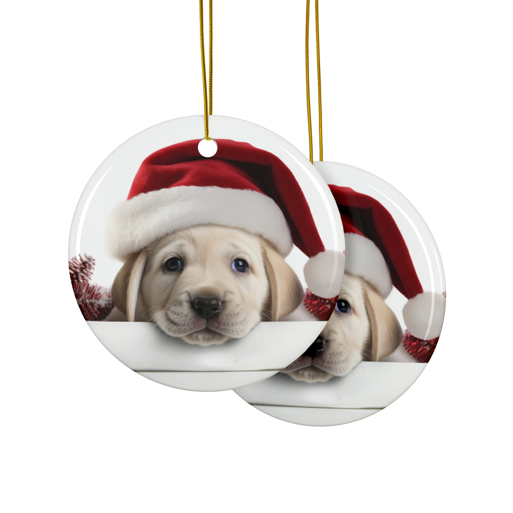 Hanging Ceramic Christmas Tree Ornament with Gold String - Great Pyrenee Puppy Design, view 2