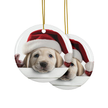 DistinctInk Hanging Ceramic Christmas Tree Ornament with Gold String - Great Gift/Present - 2 3/4 inch Diameter - Great Pyrenee Puppy Design