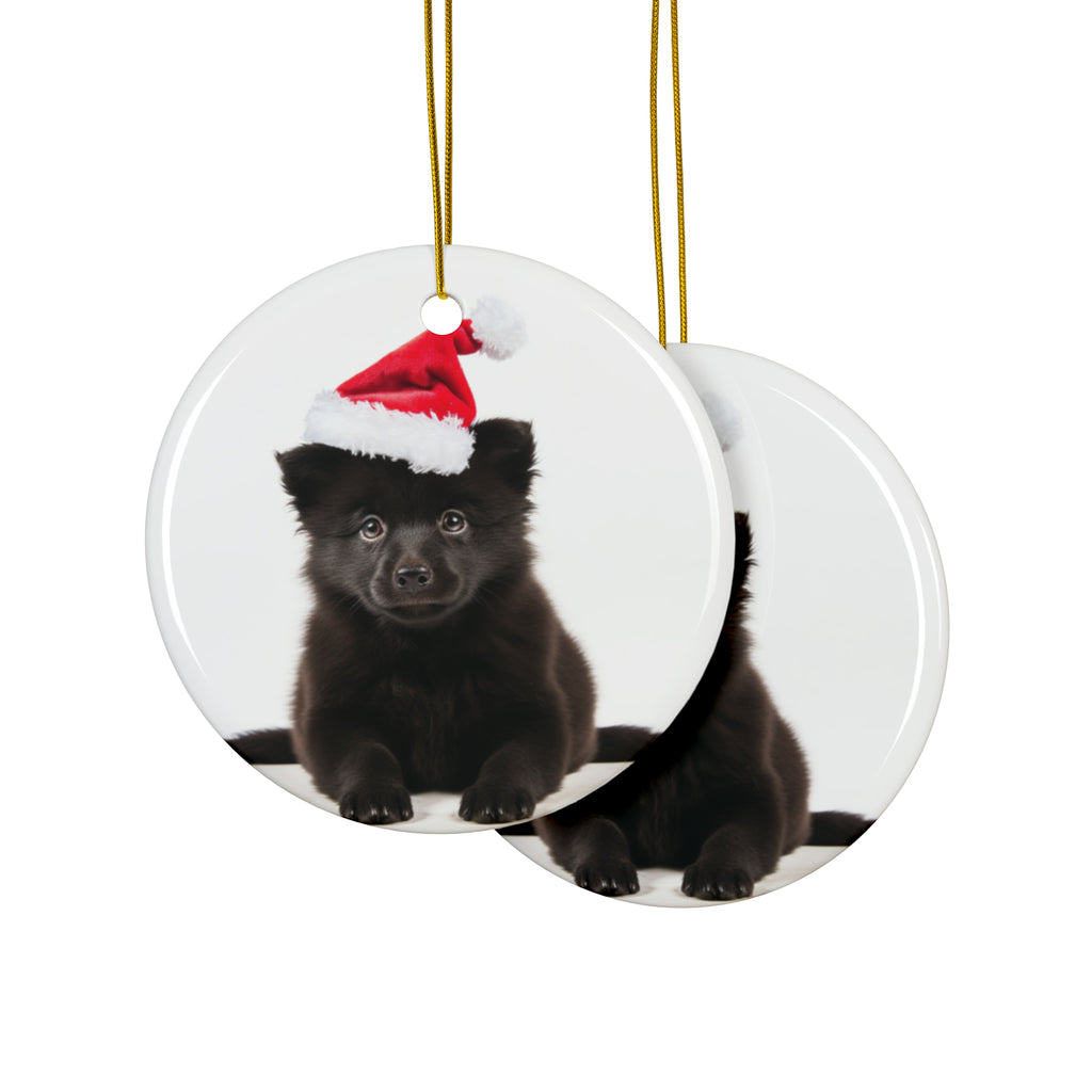 Hanging Ceramic Christmas Tree Ornament with Gold String - Schipperke Puppy Design, view 2