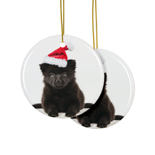 DistinctInk Hanging Ceramic Christmas Tree Ornament with Gold String - Great Gift/Present - 2 3/4 inch Diameter - Schipperke Puppy Design