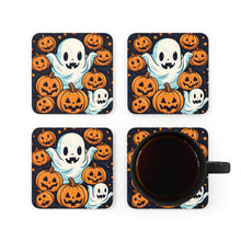 DistinctInk (Set of 4) Corkwood Coasters with The Ghostly Skeleton PumpkinDesign for Halloween