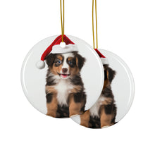 DistinctInk Hanging Ceramic Christmas Tree Ornament with Gold String - Great Gift/Present - 2 3/4 inch Diameter - Miniature American Shepherd Puppy Design