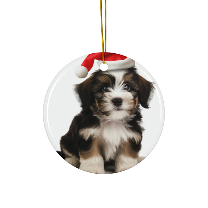 DistinctInk Hanging Ceramic Christmas Tree Ornament with Gold String - Great Gift/Present - 2 3/4 inch Diameter - Löwchen Puppy Design