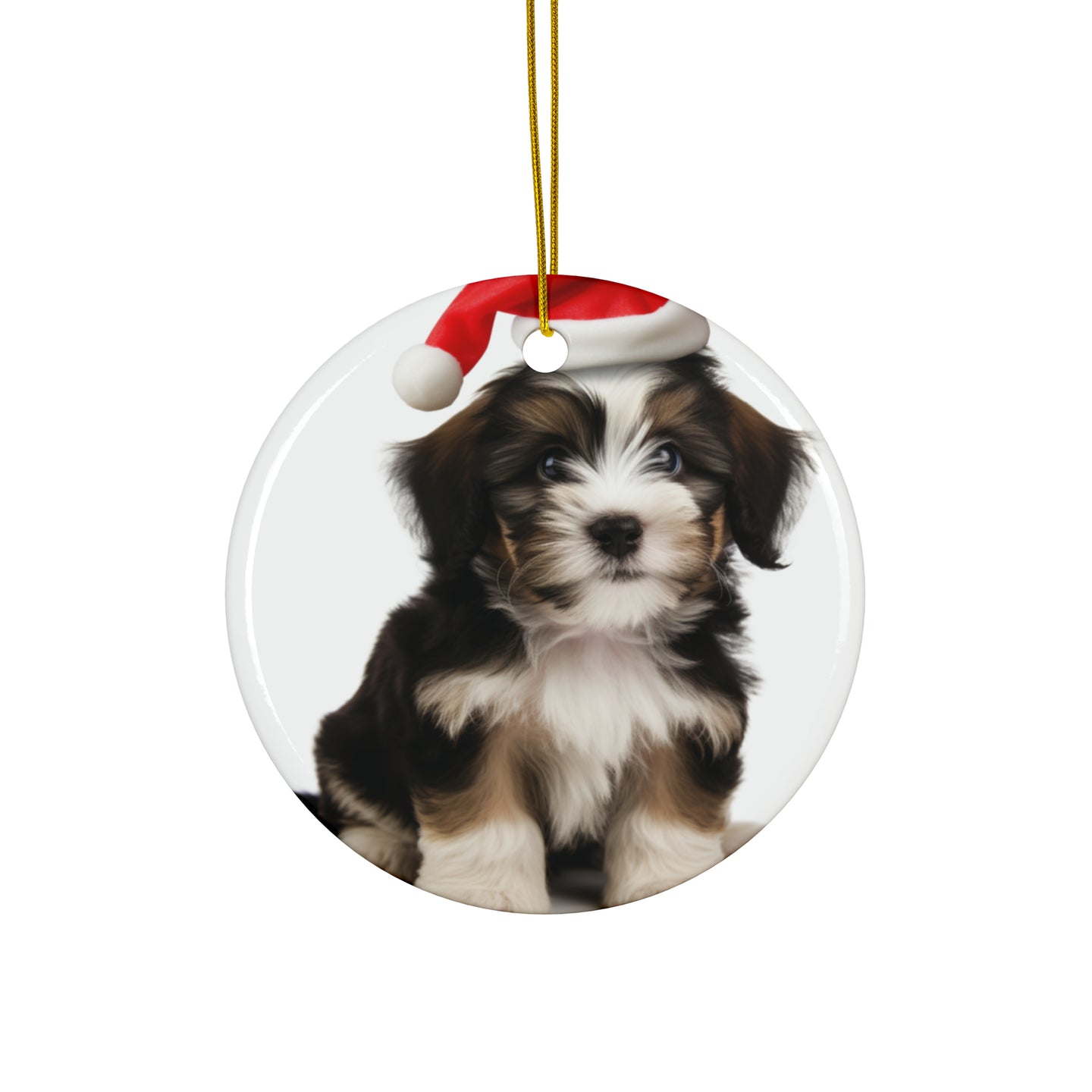 DistinctInk Hanging Ceramic Christmas Tree Ornament with Gold String - Great Gift/Present - 2 3/4 inch Diameter - Löwchen Puppy Design