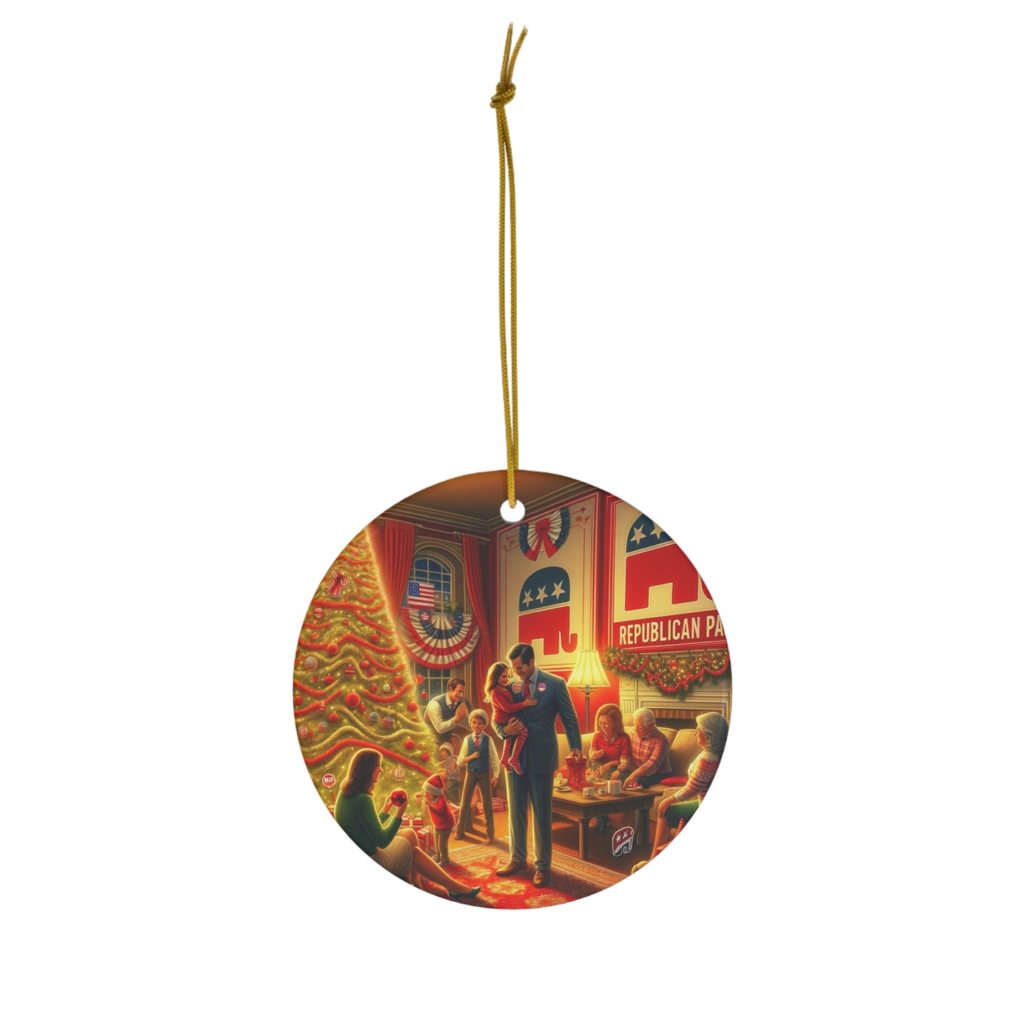 DistinctInk Hanging Ceramic Christmas Tree Ornament Charm with Gold String - Great Gift/Present - 2 3/4 inch Diameter - Red Republican Christmas Harmony