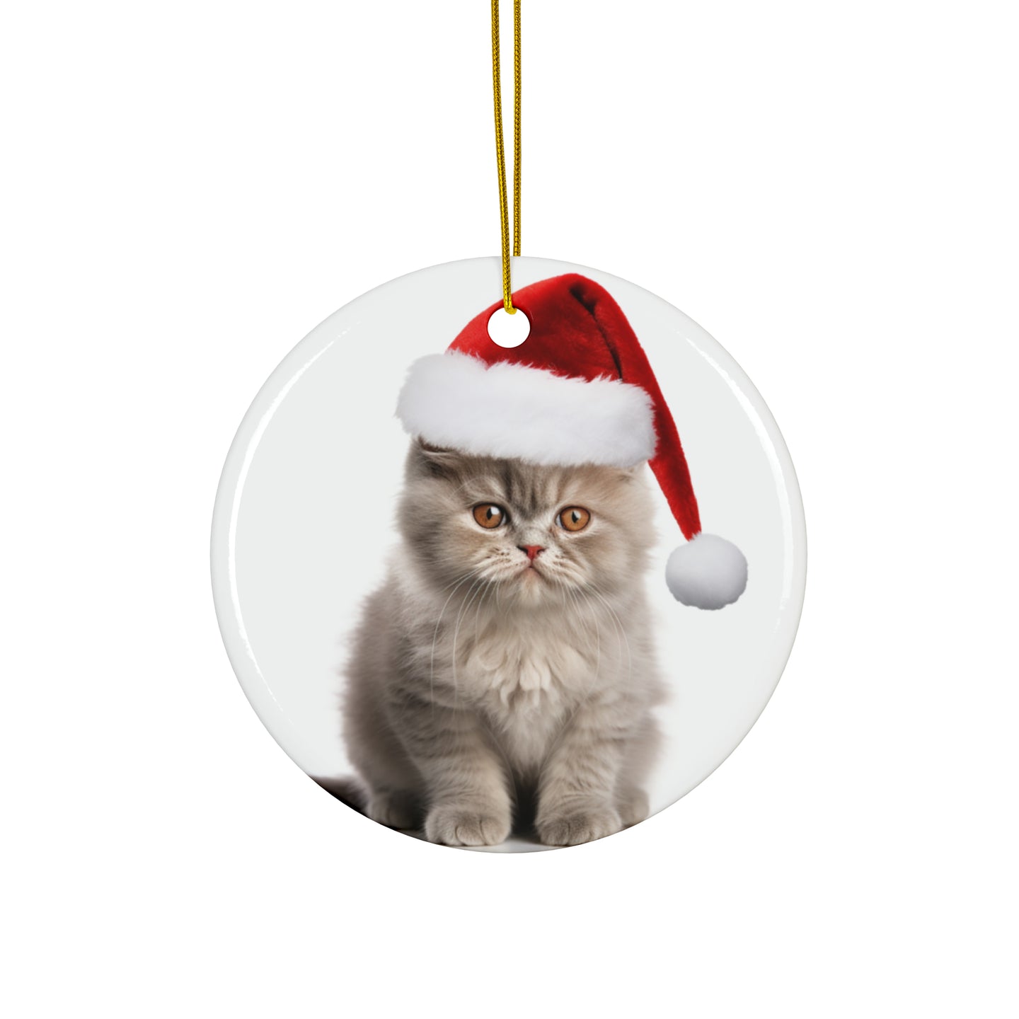 DistinctInk Hanging Ceramic Christmas Tree Ornament with Gold String - Great Gift/Present - 2 3/4 inch Diameter - Selkirk Rex Cat Design