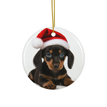 DistinctInk Hanging Ceramic Christmas Tree Ornament with Gold String - Great Gift/Present - 2 3/4 inch Diameter - Dachshund Puppy Design