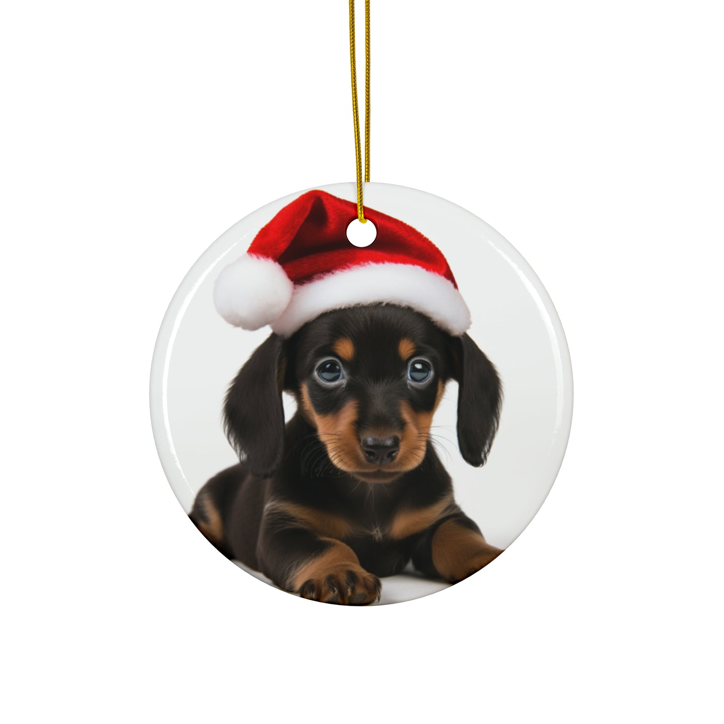 DistinctInk Hanging Ceramic Christmas Tree Ornament with Gold String - Great Gift/Present - 2 3/4 inch Diameter - Dachshund Puppy Design