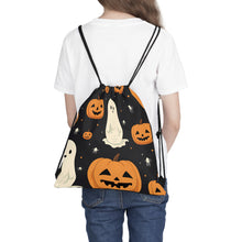 DistinctInk Drawstring Bag / Backpack with Spooky Skeleton Pumpkin Patch Design for Halloween