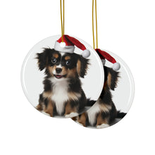 DistinctInk Hanging Ceramic Christmas Tree Ornament with Gold String - Great Gift/Present - 2 3/4 inch Diameter - Belgian Laekenoi Puppy Design