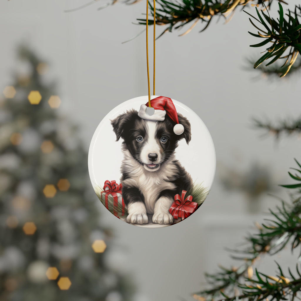 Hanging Ceramic Christmas Tree Ornament with Gold String - Border Collie Puppy Drawing Design, view 3