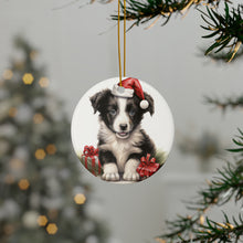 DistinctInk Hanging Ceramic Christmas Tree Ornament with Gold String - Great Gift/Present - 2 3/4 inch Diameter - Border Collie Puppy Drawing Design