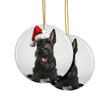 DistinctInk Hanging Ceramic Christmas Tree Ornament with Gold String - Great Gift/Present - 2 3/4 inch Diameter - Scottish Terrier Design