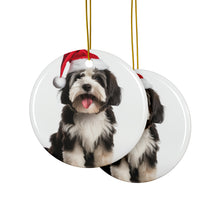 DistinctInk Hanging Ceramic Christmas Tree Ornament with Gold String - Great Gift/Present - 2 3/4 inch Diameter - Tibetan Terrier Design