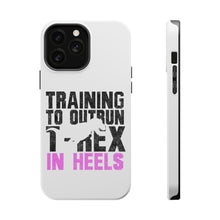 DistinctInk ToughCase for Apple iPhone, Compatible with MagSafe Charging - Training to Outrun T-Rex in Heels