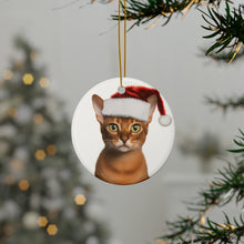 DistinctInk Hanging Ceramic Christmas Tree Ornament with Gold String - Great Gift/Present - 2 3/4 inch Diameter - Abyssinian Cat Design