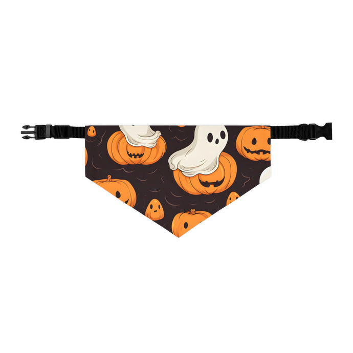 DistinctInk Adjustable Pet Banana Collar with Haunted Skeleton Pumpkin Patch Design for Halloween