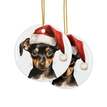 DistinctInk Hanging Ceramic Christmas Tree Ornament with Gold String - Great Gift/Present - 2 3/4 inch Diameter - Miniature Pinscher Puppy Drawing Design