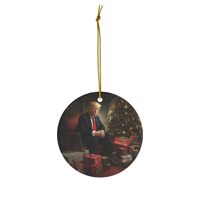 DistinctInk Hanging Ceramic Christmas Tree Ornament Charm with Gold String - Great Gift/Present - 2 3/4 inch Diameter - Trump's Festive Christmas with Tree