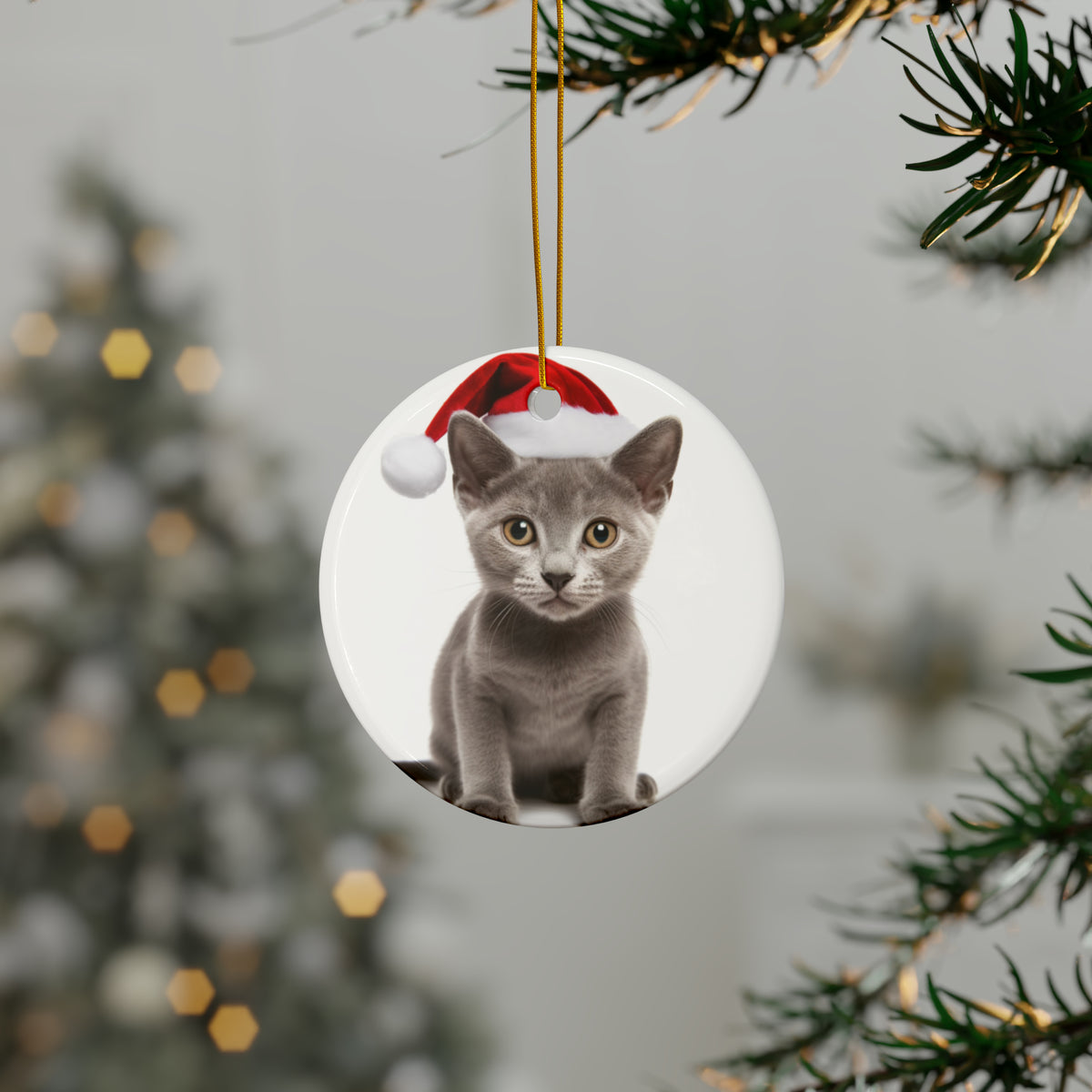 Hanging Ceramic Christmas Tree Ornament with Gold String - Korat Kitten Design, view 3