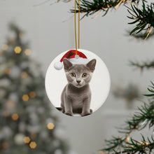 DistinctInk Hanging Ceramic Christmas Tree Ornament with Gold String - Great Gift/Present - 2 3/4 inch Diameter - Korat Kitten Design