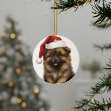 DistinctInk Hanging Ceramic Christmas Tree Ornament with Gold String - Great Gift/Present - 2 3/4 inch Diameter - Keeshonden Puppy Drawing Design