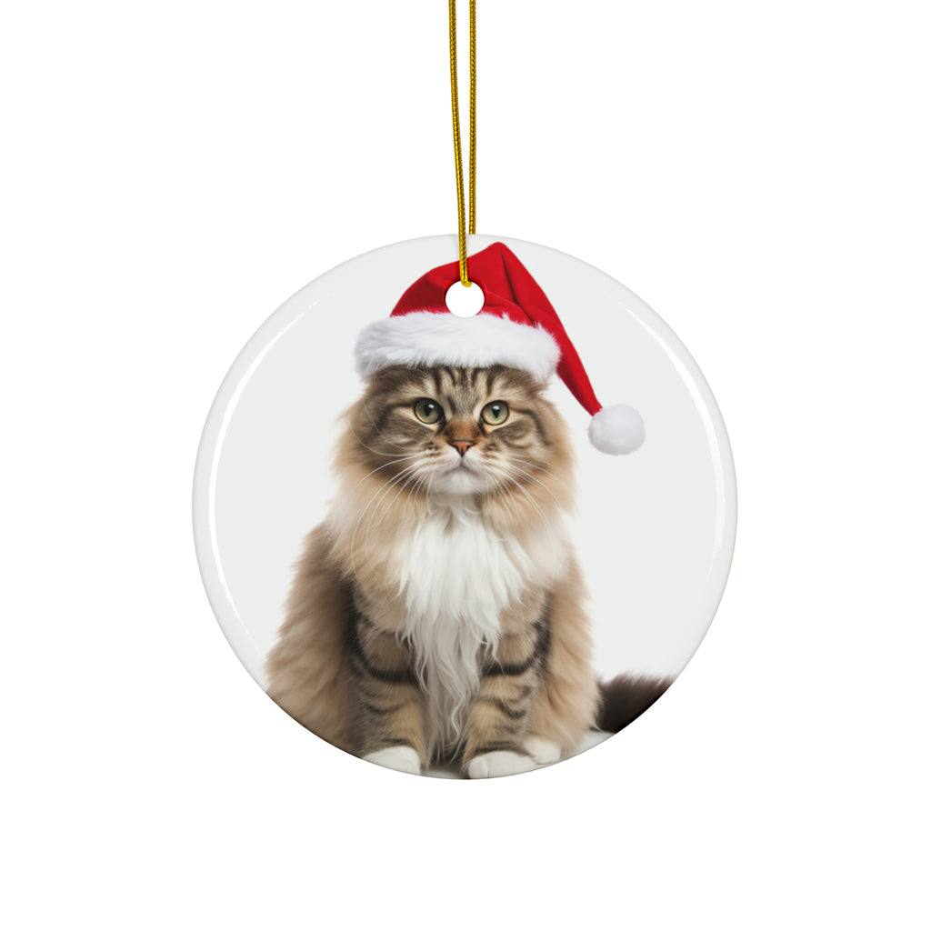 Hanging Ceramic Christmas Tree Ornament with Gold String - Siberian Cat Design