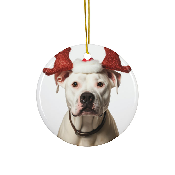 DistinctInk Hanging Ceramic Christmas Tree Ornament with Gold String - Great Gift/Present - 2 3/4 inch Diameter - Dogo Argentino Design