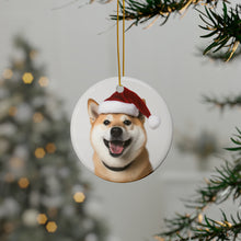 DistinctInk Hanging Ceramic Christmas Tree Ornament with Gold String - Great Gift/Present - 2 3/4 inch Diameter - Shiba Inu Design