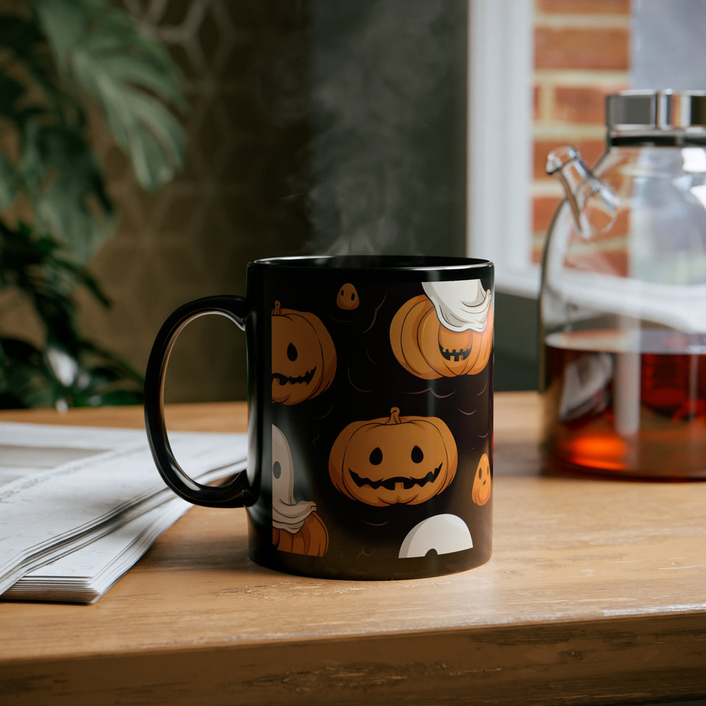 Black Coffee Mug - Haunted Skeleton Pumpkin Patch for Halloween, view 6