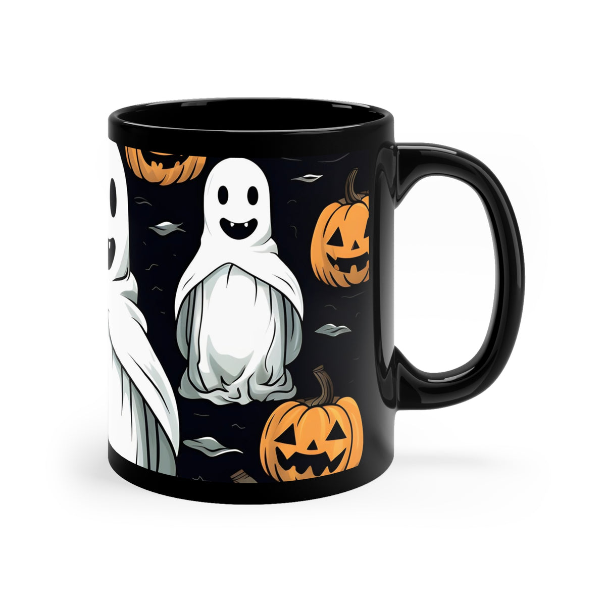 Black Coffee Mug - Skelepumpkin Ghostpattern for Halloween, view 3