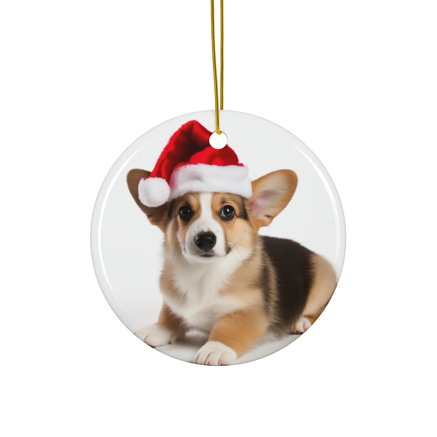 DistinctInk Hanging Ceramic Christmas Tree Ornament with Gold String - Great Gift/Present - 2 3/4 inch Diameter - Pembroke Welsh Corgi Puppy Design