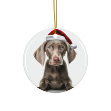 DistinctInk Hanging Ceramic Christmas Tree Ornament with Gold String - Great Gift/Present - 2 3/4 inch Diameter - Weimaraner Puppy Design