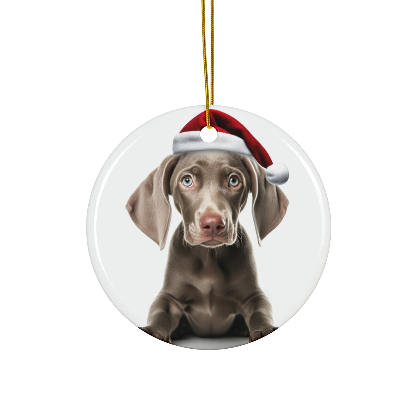 DistinctInk Hanging Ceramic Christmas Tree Ornament with Gold String - Great Gift/Present - 2 3/4 inch Diameter - Weimaraner Puppy Design