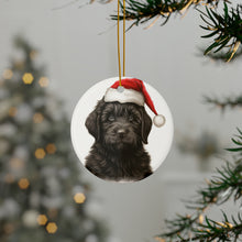DistinctInk Hanging Ceramic Christmas Tree Ornament with Gold String - Great Gift/Present - 2 3/4 inch Diameter - Black Russian Terrier Puppy Drawing Design