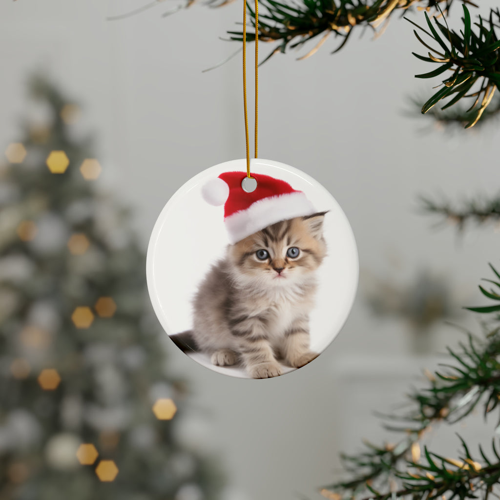 Hanging Ceramic Christmas Tree Ornament with Gold String - Ragamuffin Kitten Design, view 3