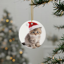 DistinctInk Hanging Ceramic Christmas Tree Ornament with Gold String - Great Gift/Present - 2 3/4 inch Diameter - Ragamuffin Kitten Design