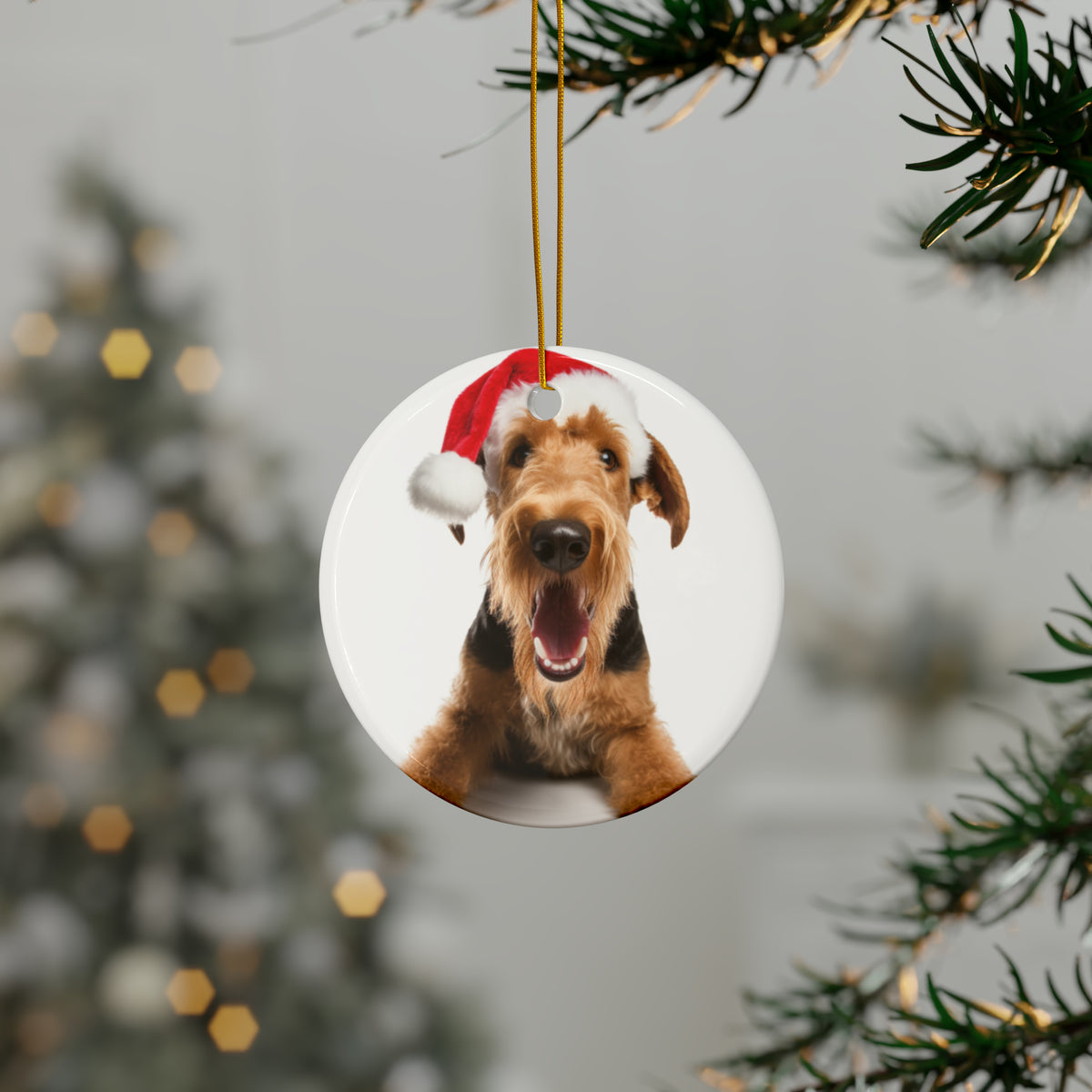 Hanging Ceramic Christmas Tree Ornament with Gold String - Airedale Terrier Design, view 3
