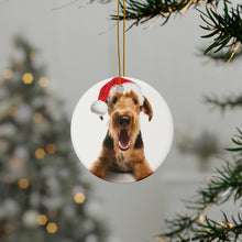 DistinctInk Hanging Ceramic Christmas Tree Ornament with Gold String - Great Gift/Present - 2 3/4 inch Diameter - Airedale Terrier Design